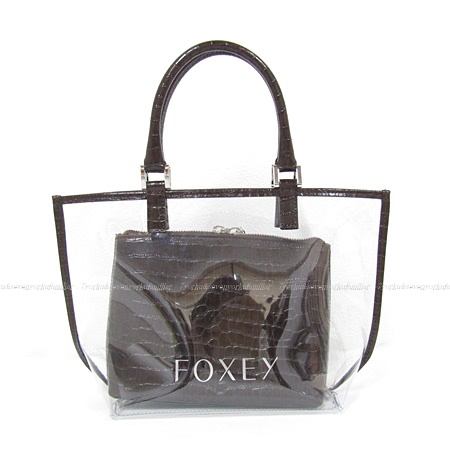 2019年 FOXEY フォクシー PVCバッグ ダークブラウン ビニール×牛革ポーチ 40321
