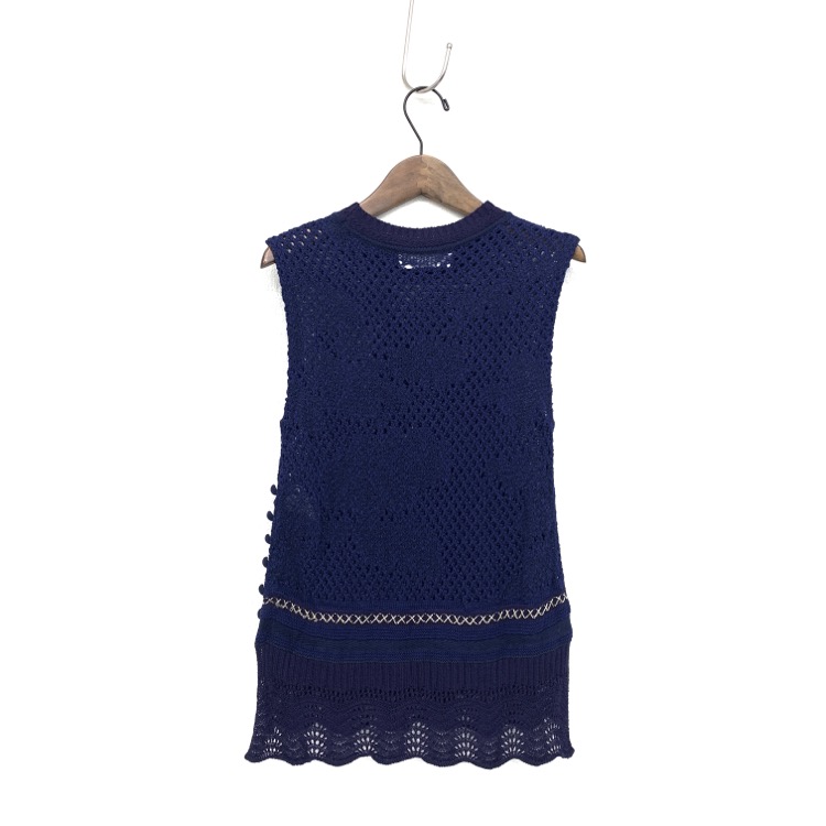 Mame Kurogouchi マメクロゴウチ Sleeveless Scala Knit Tops 透かし編みニットベスト ネイビー 1 MM19SS-KN715後全体画像です